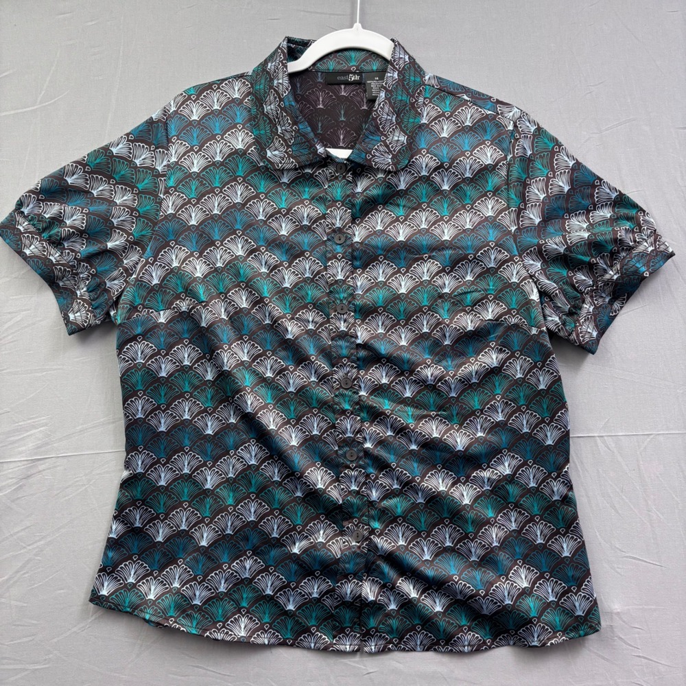 East 5th Womens Art‎ Deco Print Button Down Blouse Teal Brown Sz 14 Short Sleeve